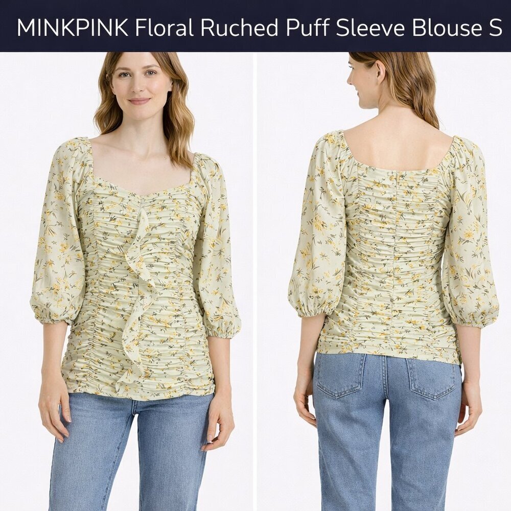 MINKPINK Floral Ruched Blouse in Cream and Yellow Size Small